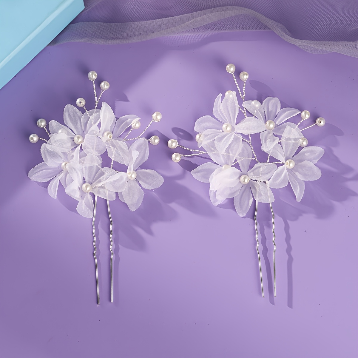 Image of 2pcs Handmade White Yarn Flower Hair Pins - Elegant U-shaped Hair Forks - Fairy Bridal Hair Accessories For Wedding, Prom, Party & Bridesmaid - Sweet Floral Headpiece Gift
