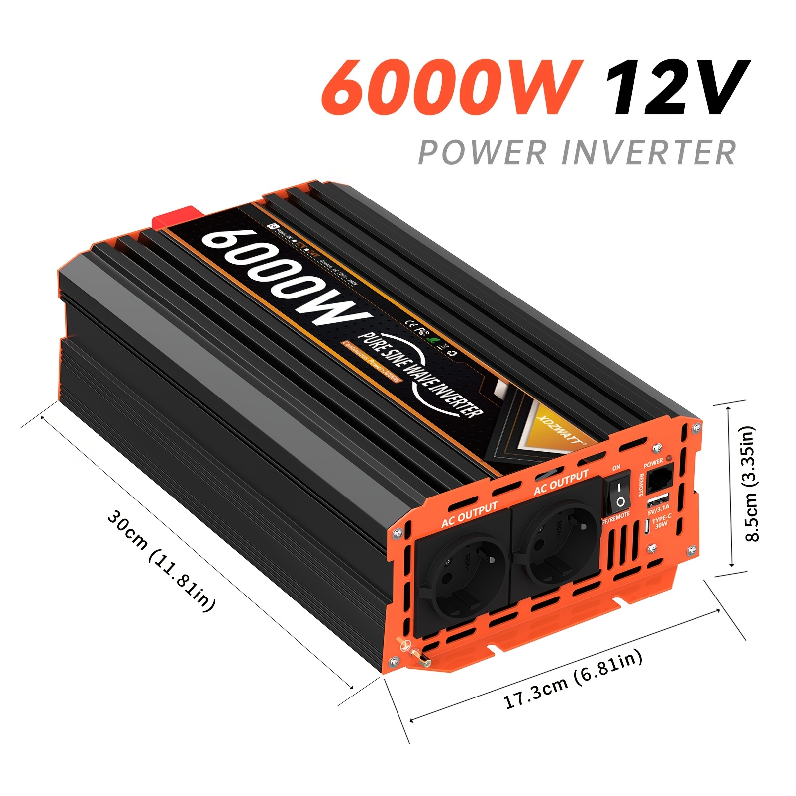 Image of 2000 6000 7000w Pure Sine Inverter 12v 24v To 230v Ac With Lcd Display Remote Control, Ac Outlet, 5v 3.1a & 30w Type -c Usb Port, Suitable For Outdoor Travel And Camping, Rv, Boat, Without Battery