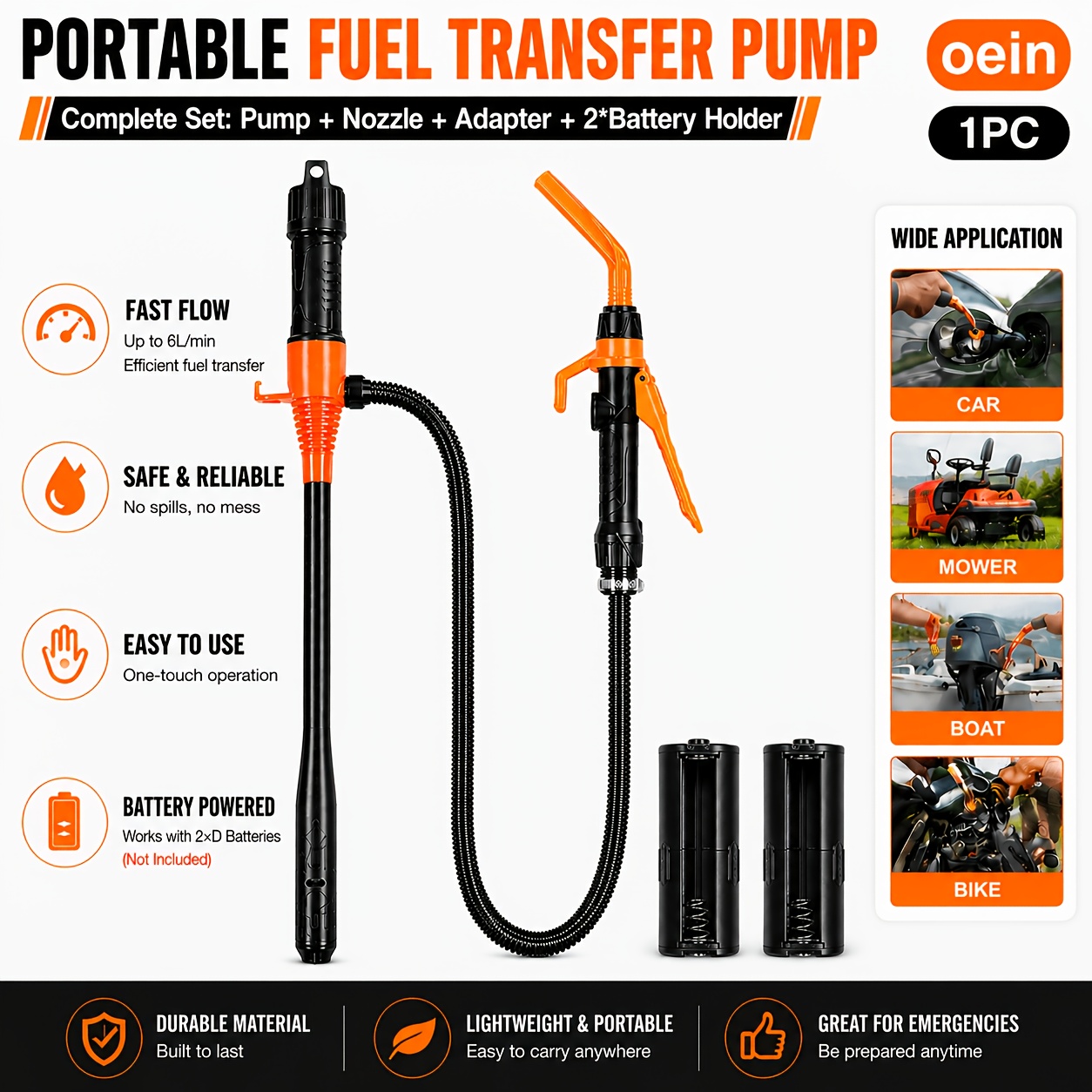 TEMU 1pc/2pcs Fuel Transfer Pump, Electric Canister Pump, Battery-operated Liquid Transfer Pump, With Gun Nozzles, Hose & Nozzle, For Petrol, ,