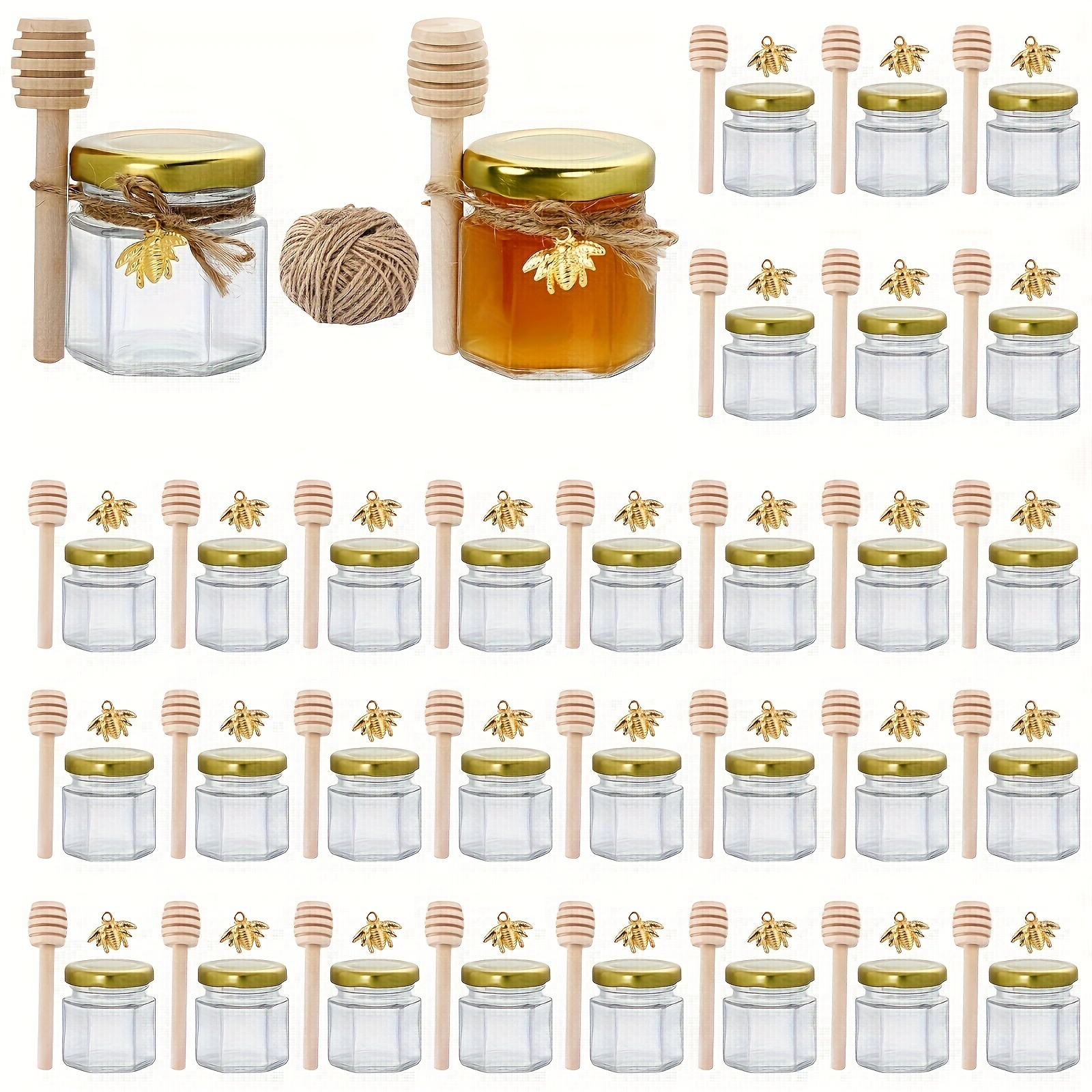 

20/30/50/60pcs, Elegant Hexagonal Mini Glass Jar With Golden Lid And Wooden Sticks, Perfect For Jam Preservation And Parties - Creative Glass Transparent Jar For Honey, For Weddings And Bridal Gifts