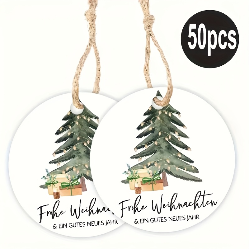 Image of 50-pack "frohe Weihnachten" Round Tag Cards With , Featuring Watercolor Trees And Gift Designs – Perfect For German Christmas Decorations, Holiday Wrapping Labels, Seasonal Home Décor