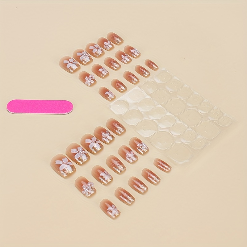30pcs short square press on nails floral glitter design white pink glossy   nails for hands feet   reusable nail art stickers nail accessories beauty enhancement chic   decorative pressons Product details 5