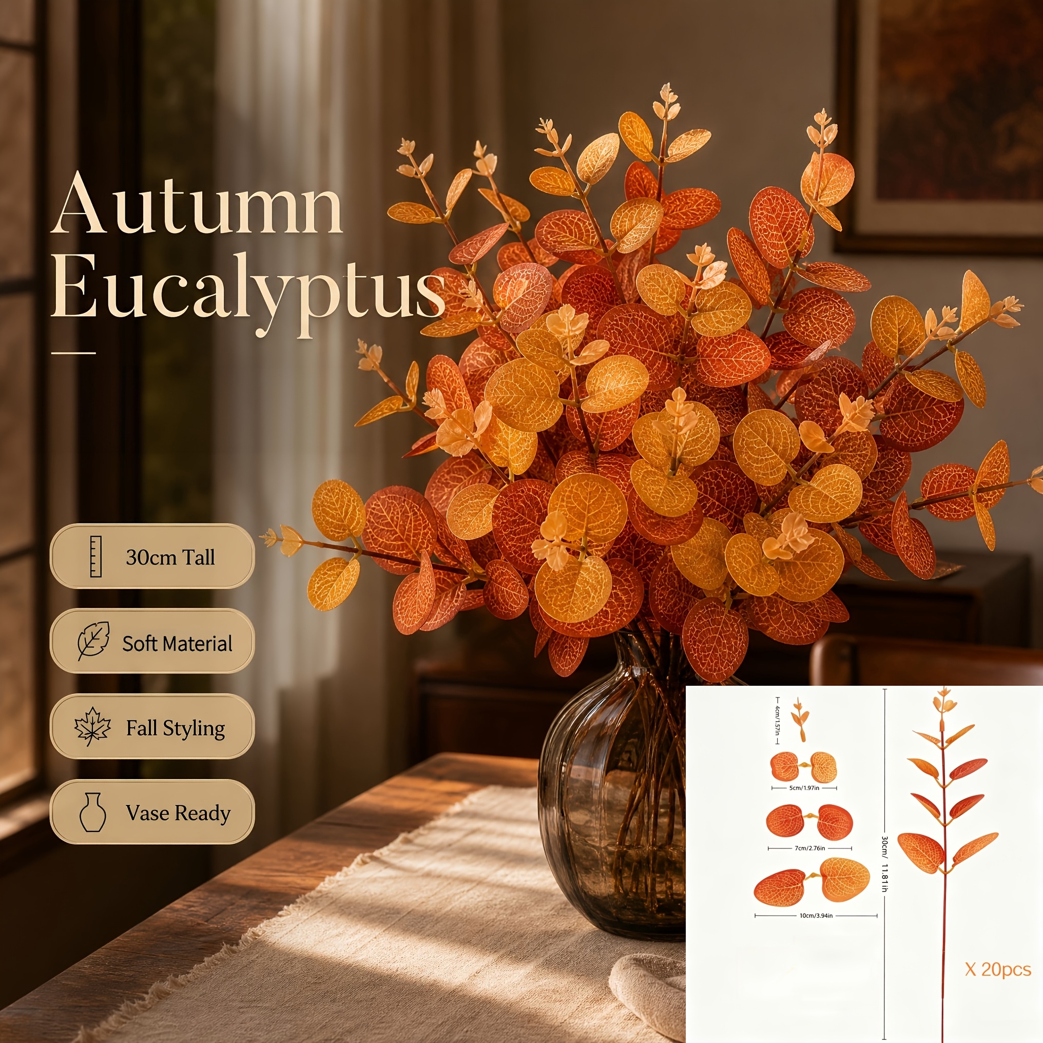 TEMU 20pcs Pack Autumn-colored Artificial Eucalyptus Leaves Single Leaf Branch Size 30cm/11.81inch Vintage Orange-yellow Fabric Faux Greenery Perfect