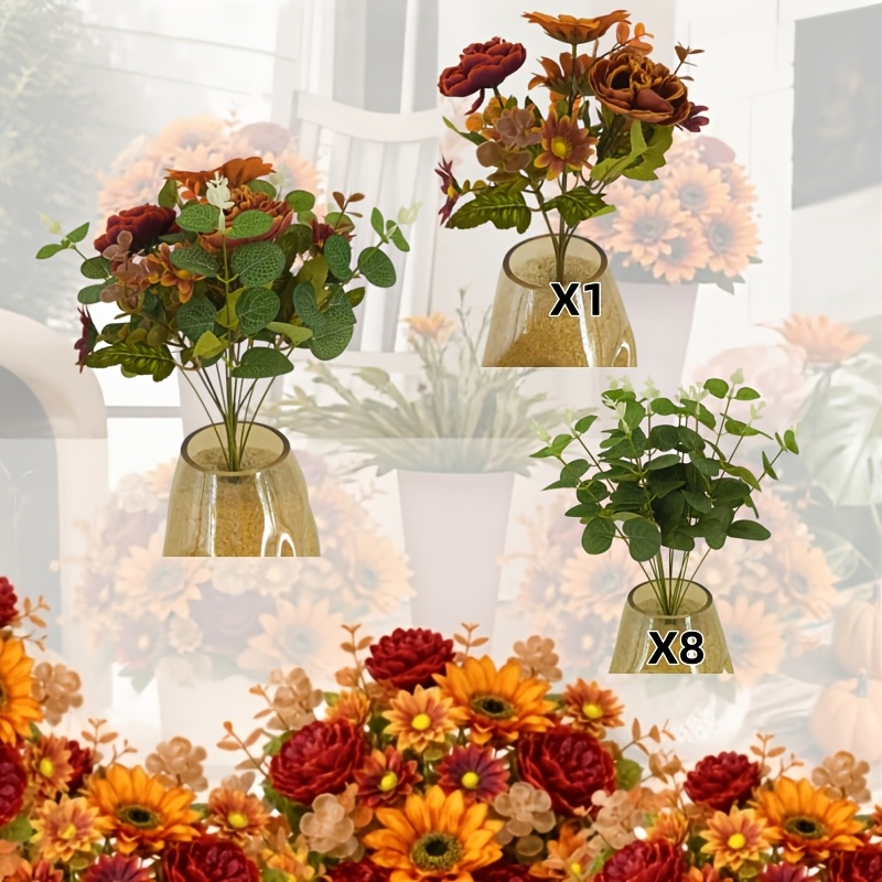 TEMU 9pcs Autumn Warm- Mixed Artificial Bouquet, Sunflower Sunflowers Burgundy Roses Peony Red Orange Small Daisies Light Champagne Small Flowers