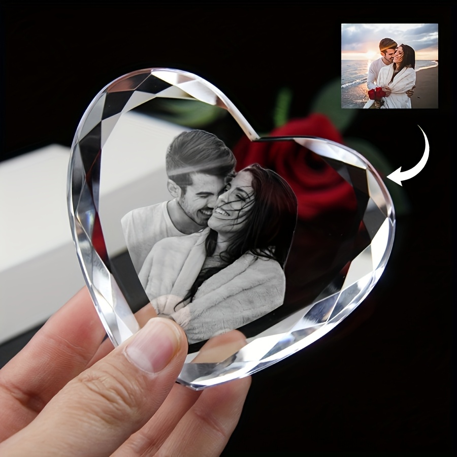 Image of Custom Photo Laser-engraved Heart-shaped Glass Portrait - Pet Memorial Suitable For Birthdays, Graduation Gifts, Photo Display, European Style Transparent Ornament For Decor With Your Own Picture