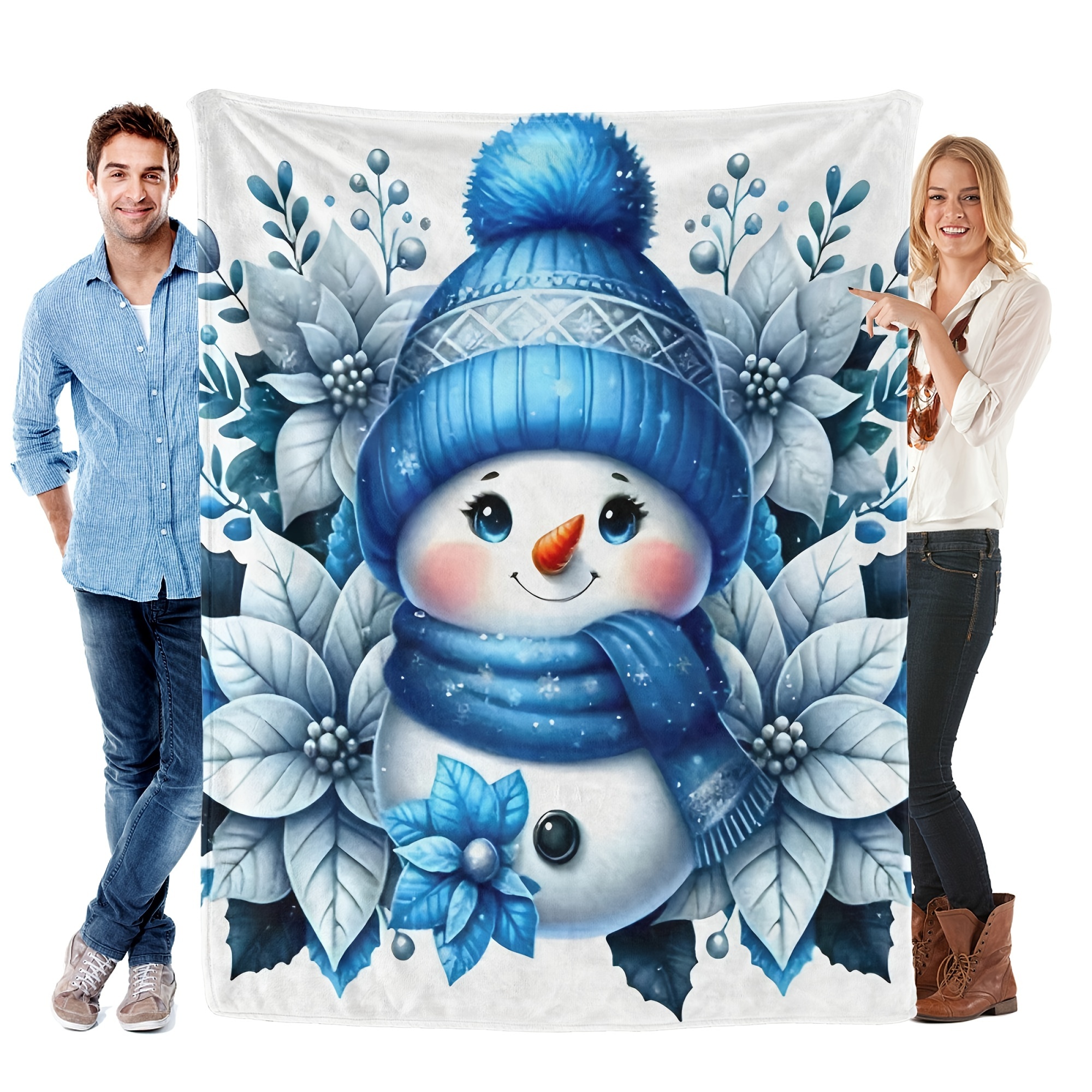 

1pc Blue Snowman Flannel Blanket - Warm, Soft, Lightweight & Machine Washable | Ideal For Travel, Camping, Home, Office, Sofa & Bed | With Tear-resistant Design,