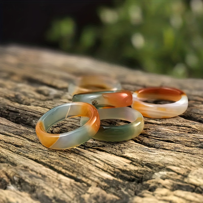 Natural Agate Ring with Marble Green & Orange-Brown Gemstones