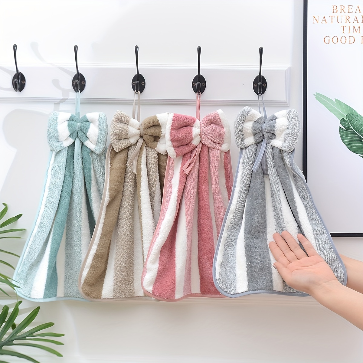 

3pcs Cute Bowknot Hanging Tie Towel, Striped Absorbent Cleaning Towel, Soft & Decorative Fingertip Towel For Bathroom And Kitchen, Kitchen Decor, Home Supplies