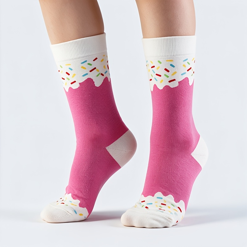 TEMU 1 Pair Cream Creative Mid-calf Socks, Cute Candy Print Girly Fun Socks