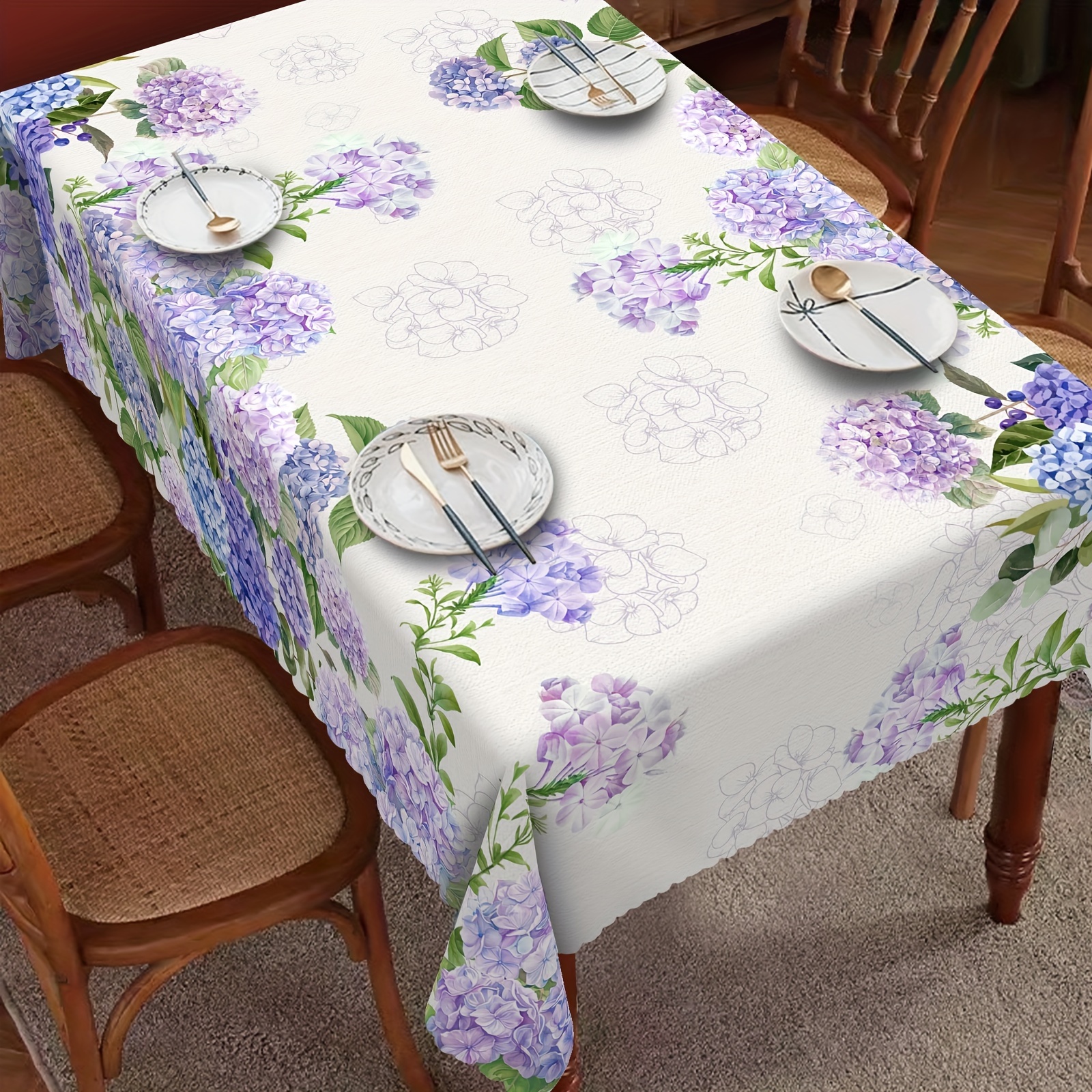 

1pc, Tablecloth, Summer Theme Blue Purple Flower Pattern Table Cloth, Elegant Hydrangea Pattern Table Cover, Stain Resistant And Erasable Table Cover, Room Decor