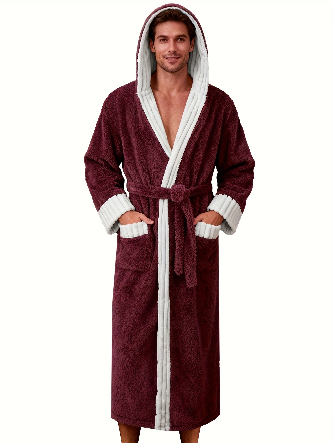 Men'S Classic Hooded Bathrobe | Thick, Warm, Breathable, Skin-Friendly Flannel Robe with Lace-Up Detail, Perfect for Fall/Winter, Casual Style, Long Sleeve, Belted.