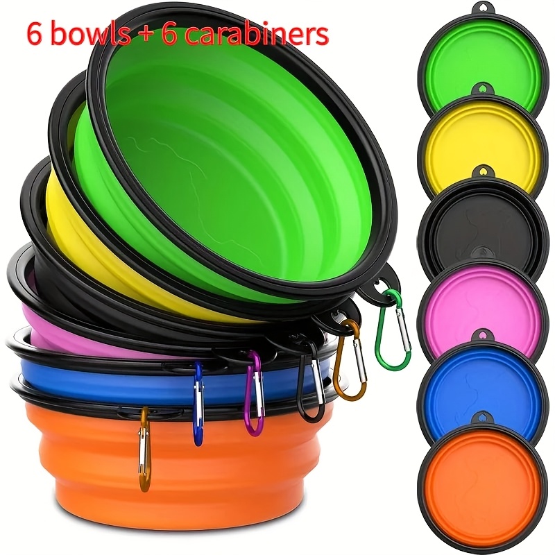 TEMU 6pcs Set Of Foldable Dog Bowls - Portable Pet Food And Water Dishes With Carabiner Clips, Durable , Suitable For Hiking, Camping, Walking -