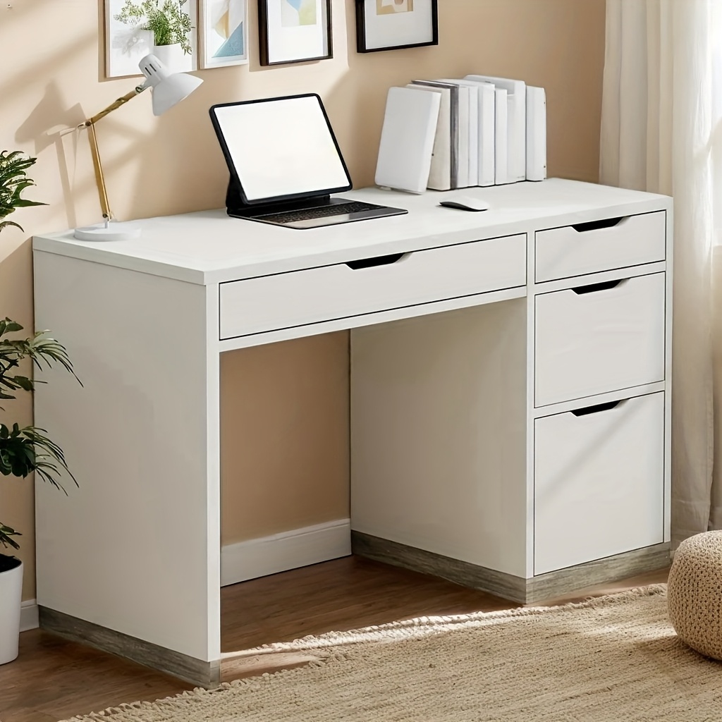 

Desk With 4 Drawers, Small Desk With Storage, Office Computer Desks With Drawers For Kids, Study Desk For Bedroom, White Wood Desk With Filing Cabinet, Small Space, White