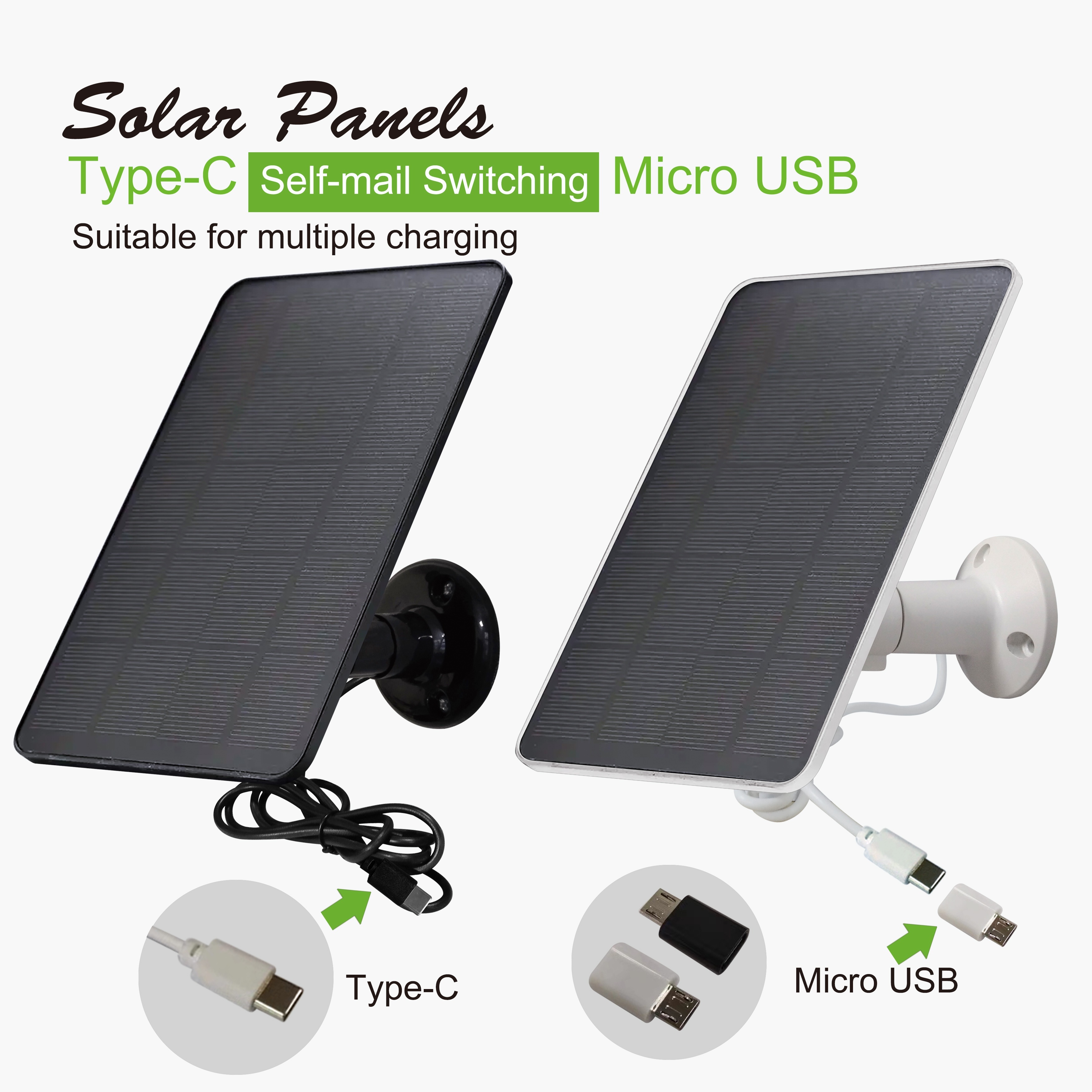 Panel solar para cámara de seguridad, panel solar USB de 5 W para micro USB  y puerto USB-C para cámara de batería recargable al aire libre, paneles