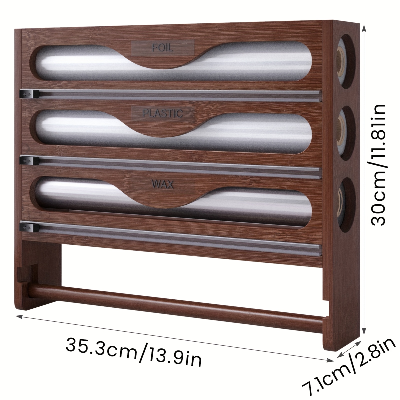 A Single Unit With A Tissue Holder, 3 Compartments For Kitchen Paper, Plastic Bags, Cling Film, And A Foil Cutter, Wall-mounted For Spice And Tissue Storage.