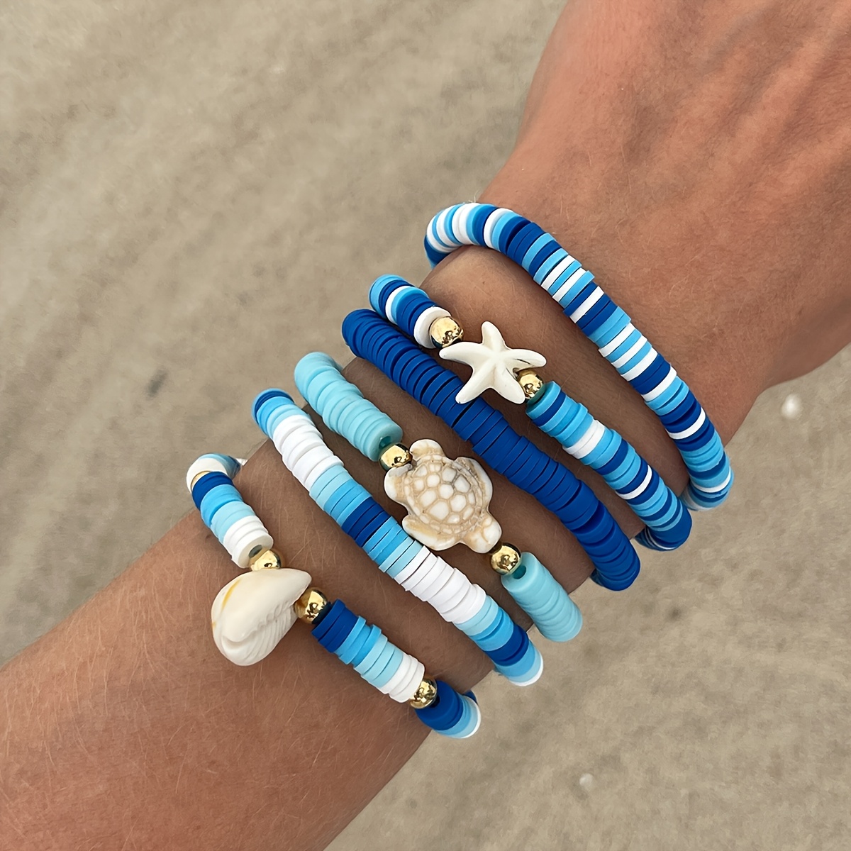 Boho Frangipani Turtle & Starfish Bracelet Set, Beach Themed Jewelry