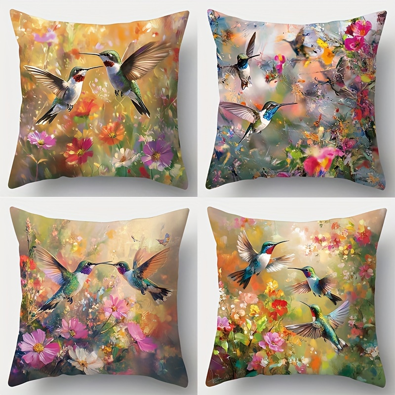 

Hummingbird Floral Throw Pillow Covers Set Of 4 - Contemporary Style Zippered Polyester Cushion Cases 17.72" For Living Room Sofa Decor - Hand Washable Woven Print Pillowcases Without Inserts