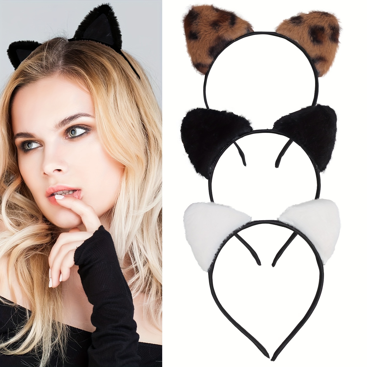 

3pcs Plush Leopard Print Cat Ear Headbands Set - Cute & Soft Hair Accessories For Women, & Casual Gatherings