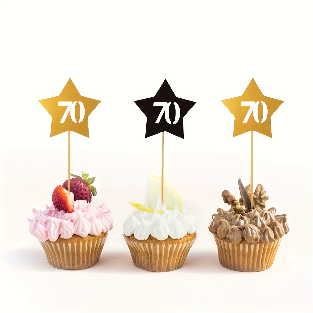 Image of 12pcs 70th Birthday Cupcake Toppers With Glitter - Elegant & 70 Cake Decorations, Material, Perfect For Weddings, Bridal Showers, Birthday Party Supplies, Cupcake Toppers, Wedding Decorations, Design