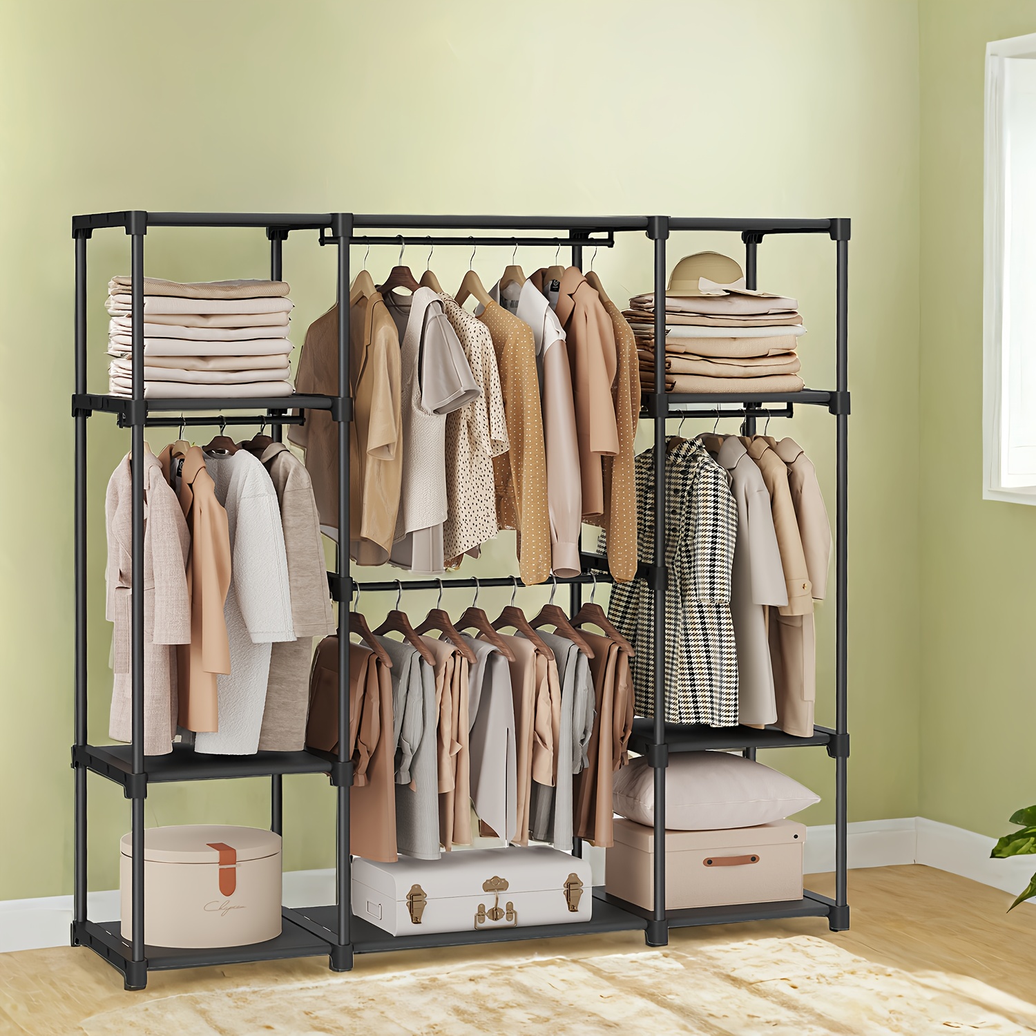 E-shop Garderobe Offen, Kleiderstange, Kleiderbügel, Kleiderschrank, 43 x 151 x 166 cm, 4 Hängefächer, Viele Möglichkeiten, für Schlafzimmer,