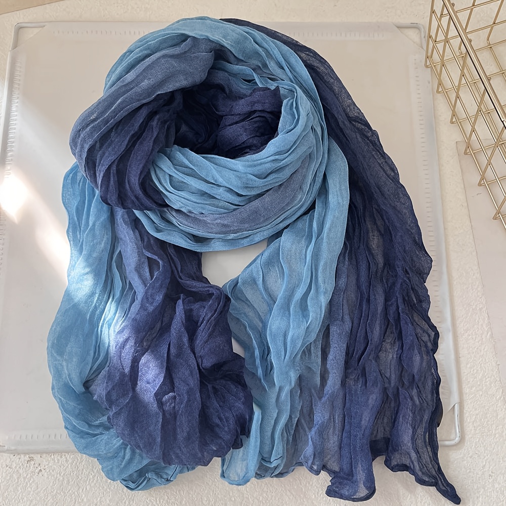 Pleated Gradient Blue Autumn/winter Scarf, Vintage Versatile Printed Women's Long Pleated Shawl