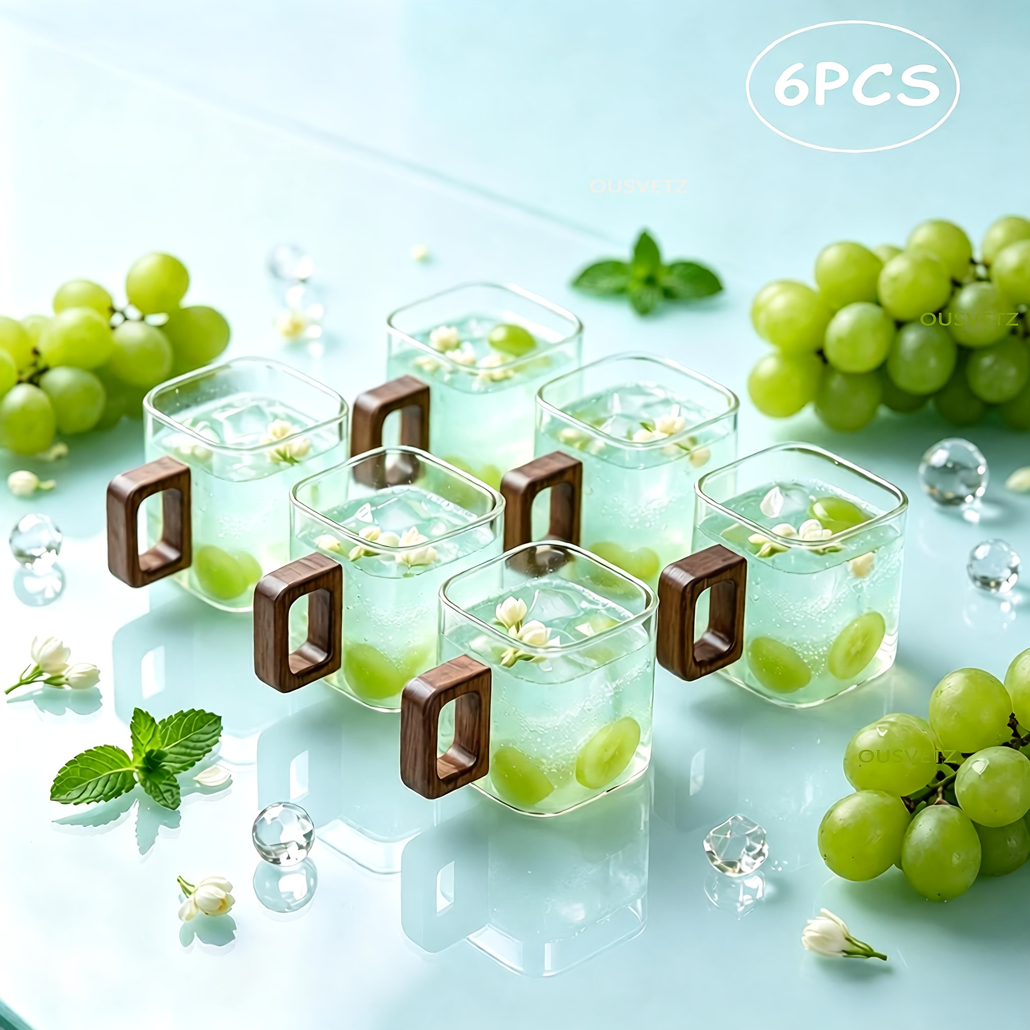 TEMU 6pcs Mini Square Glass Cups, Glass Tea Cups, High- Glass Tasting Cups, Square Tea Cups With Wooden Handles, Home Use Mini Concentrated Coffee