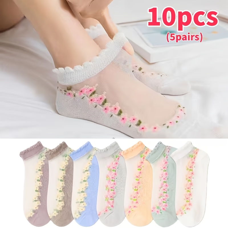 E-shop 10 Stück/5 Stück Zufällige Farbe Weiche und Niedliche Bedruckte Atmungsaktive Knöchelsocken für Damen, für Frühling und Sommer. Vielseitig und
