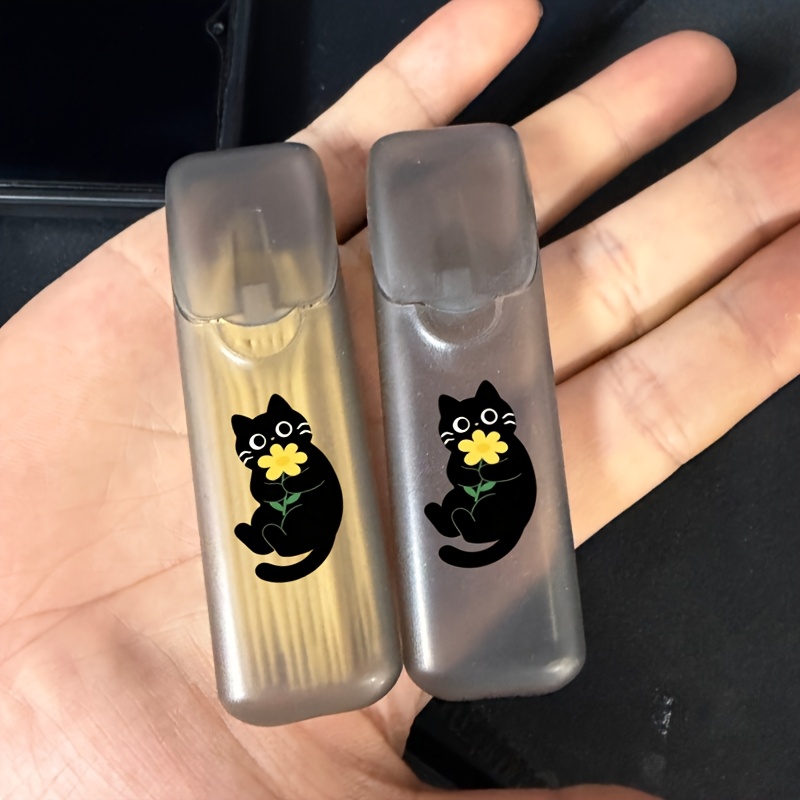 TEMU 2pcs, Style Gray Portable Storage Box, 2pcs Black Cats With Little Yellow Flowers And Cat Patterns With Toothpick Holder, Toothpicks, Dental