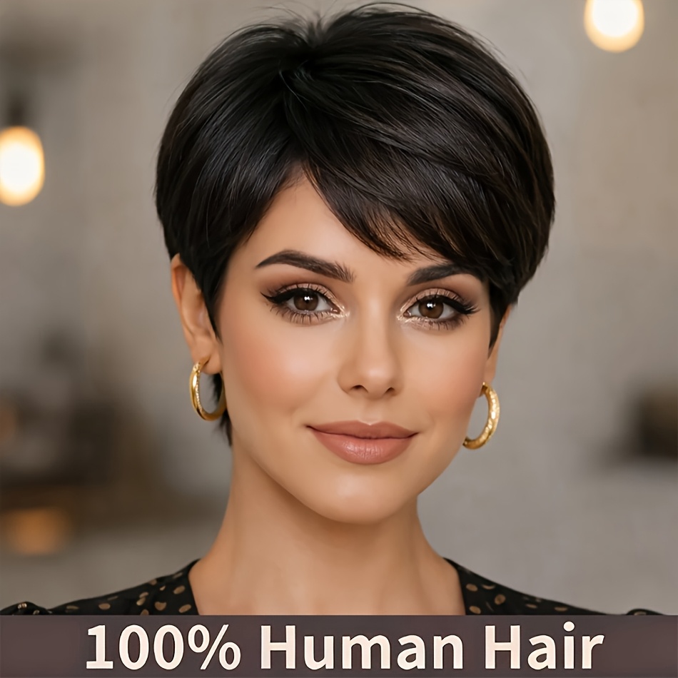 TEMU Perruque Femme Coupe Courte avec Frange Cheveux Humains Brésiliens Noir Naturel, Perruque à Cheveux Lisses Noir Naturel, Coiffure Instantanée,