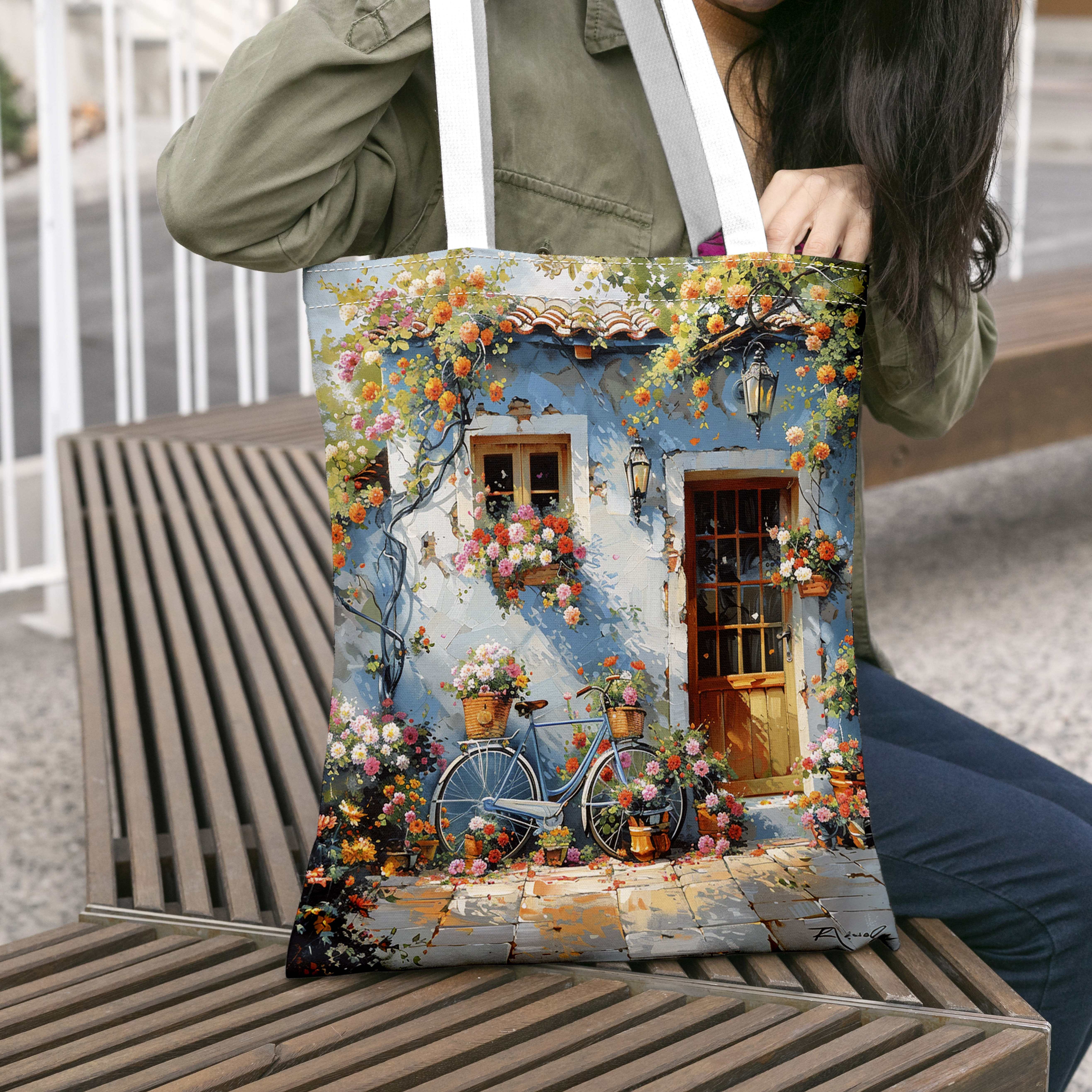 TEMU Countryside Bicycle Print Handbag – And Stylish With Rustic Village Scenes, Shopping Or Everyday Use