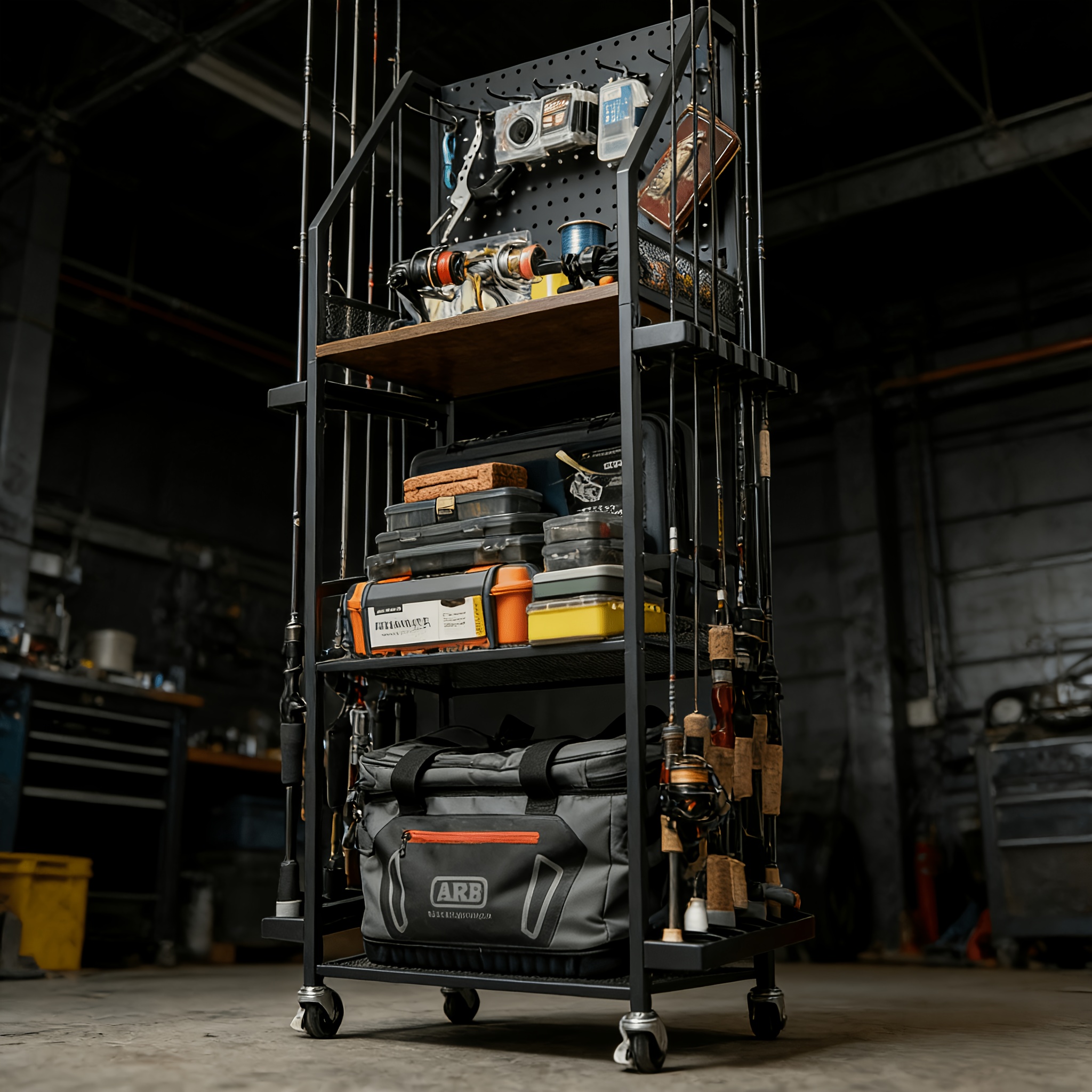 TEMU Garage Fishing Rod Rack, To 12 Rods With Hook Plates And Hooks, Rolling Fishing Cart With Wheels, Tackle Storage Equipment For Organizing Tackle