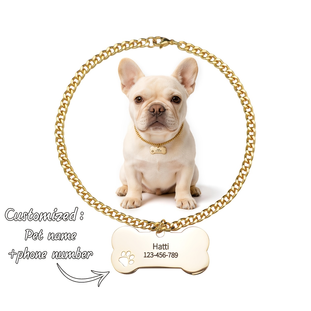 Custom Pet Name & Phone Number Dog Collar Necklace, Hip-Hop Style