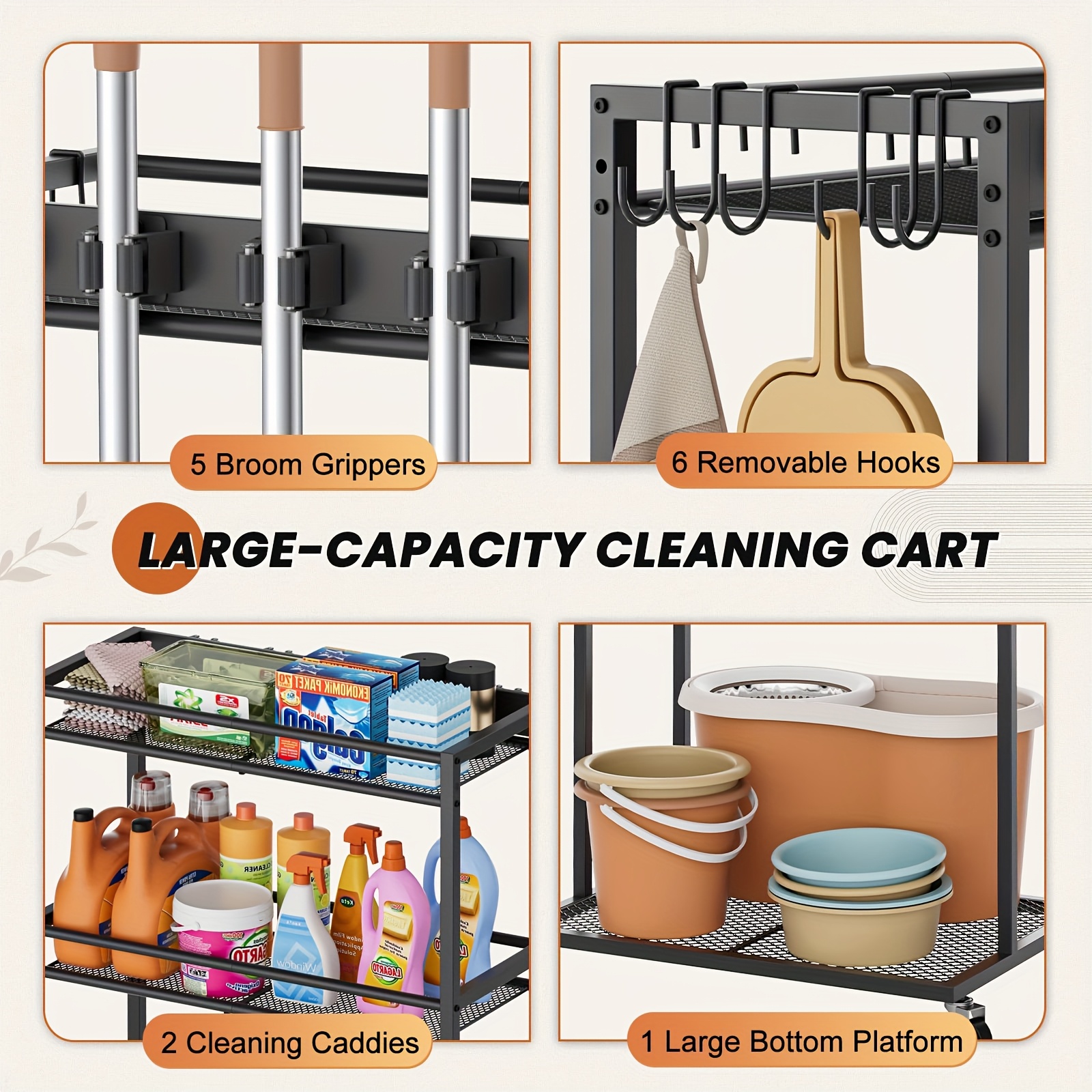 Broom Holder with Cleaning Supplies Organizer for Laundry Room