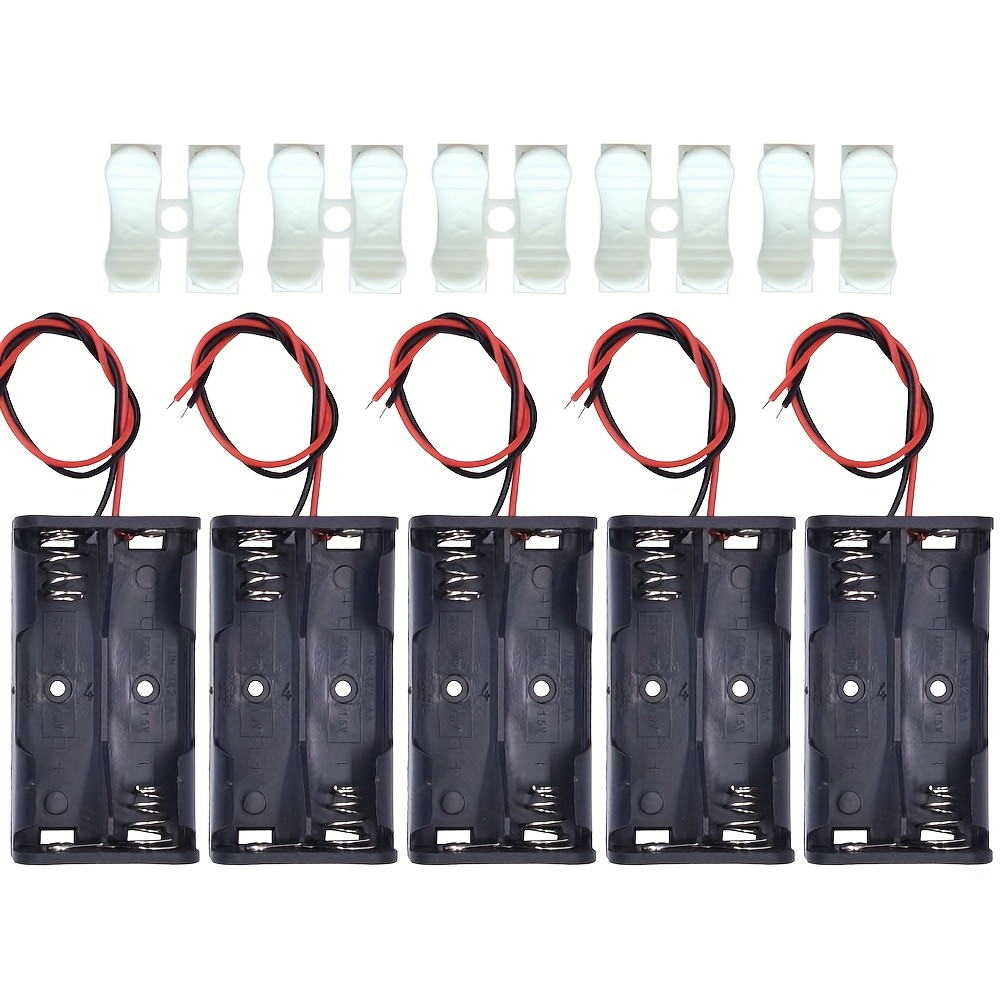 TEMU Kit de 5 supports de piles AA 3V à deux fentes avec connecteur de fil, clip à ressort pour piles et boîte de rangement pour piles - Idéal pour