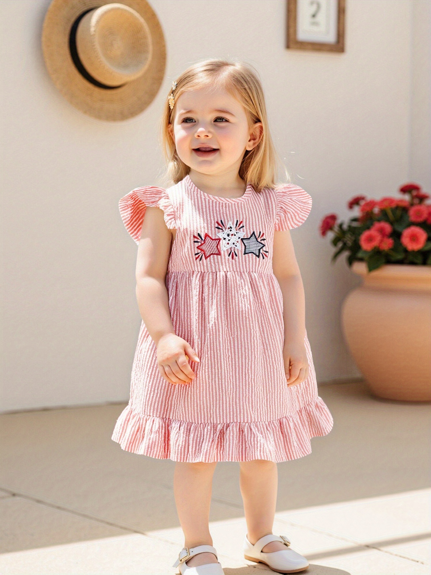 zara white dress with embroidered flowers Ruffled Striped Long Sleeve Dress main image 1