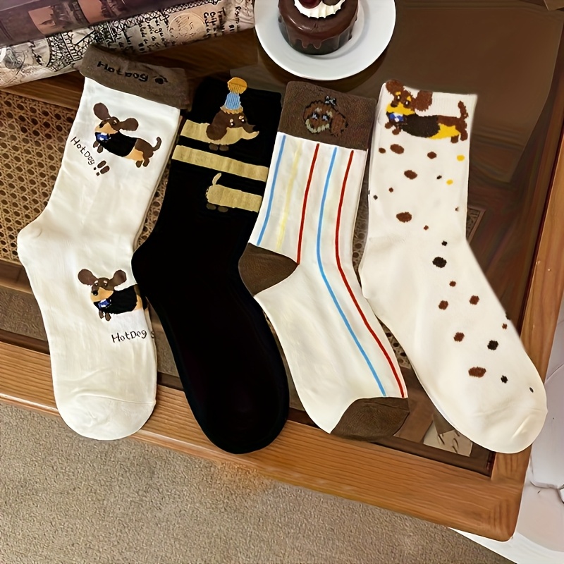 TEMU 4 Paar Damen Dackel Cartoon Wadenstrümpfe, Vielseitig Faltbar Zweiwege-, Herbst Winter Khaki College Trendige Damensocken