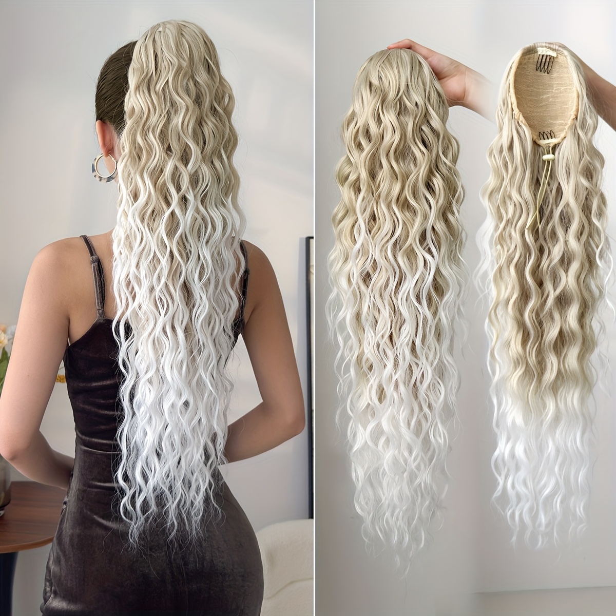 Ombre Ponytail Extension Drawstring Clip Style Hair Accessory 26 Inch Water Wave Heat-resistant Fiber Synthetic Ponytail Wig, Suitable For Women' Use