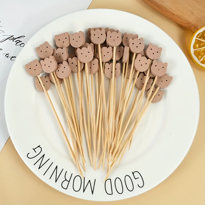 

50pcs, Cute Bear Disposable Bamboo Buffet Food Picks, Cake Dessert Fruit Forks Sticks For Birthday Party Decor Supplies, Cute Decor, Party Supplies, Party Decor