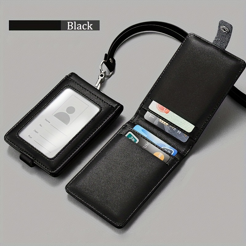 TEMU Genuine Leather Id Card Holder With Lanyard - 5 Card Slots - Pu Leather Material - English Text - Business Formal Accessories