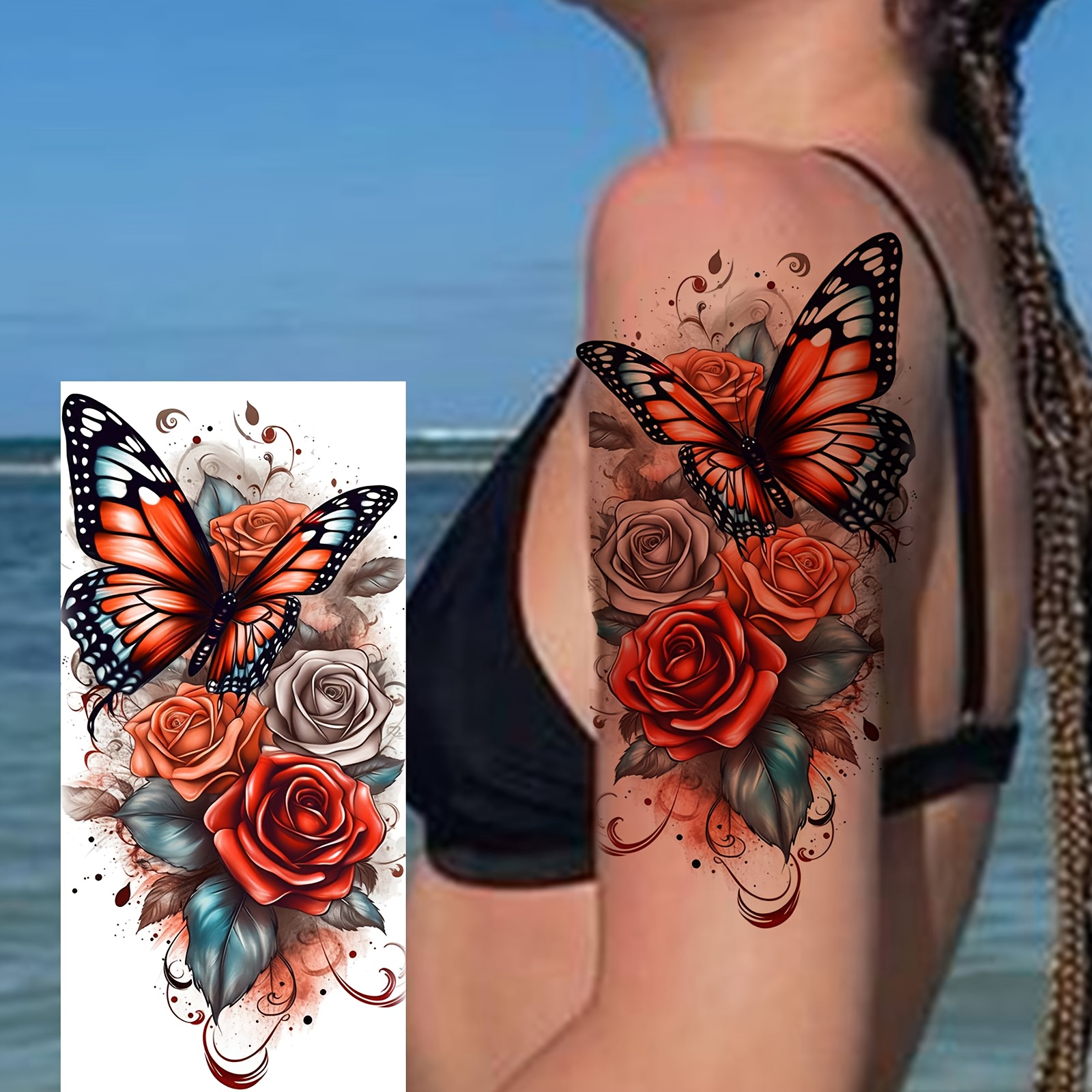 JUSTFOX Temporäre Tattoos Rosen Design - Wasserfest, Einfach Anzuwenden, Hält 5-7 Tage