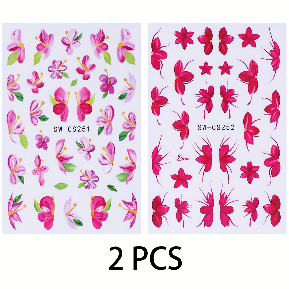 2 Pink Four-petal Flower Nail Stickers For Spring And Summer, Models Swcs251 And 252