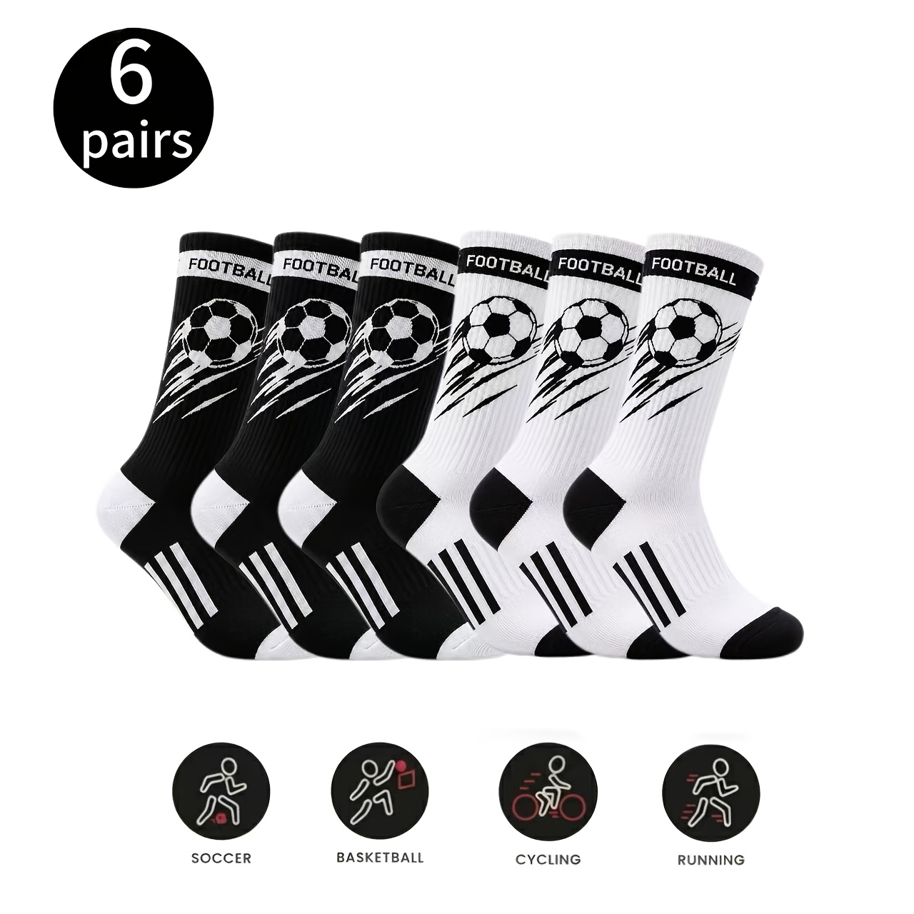TEMU 6 paires de chaussettes de sport noires et blanches, chaussettes de sport unisexes à motif de football, chaussettes de course, chaussettes de ,
