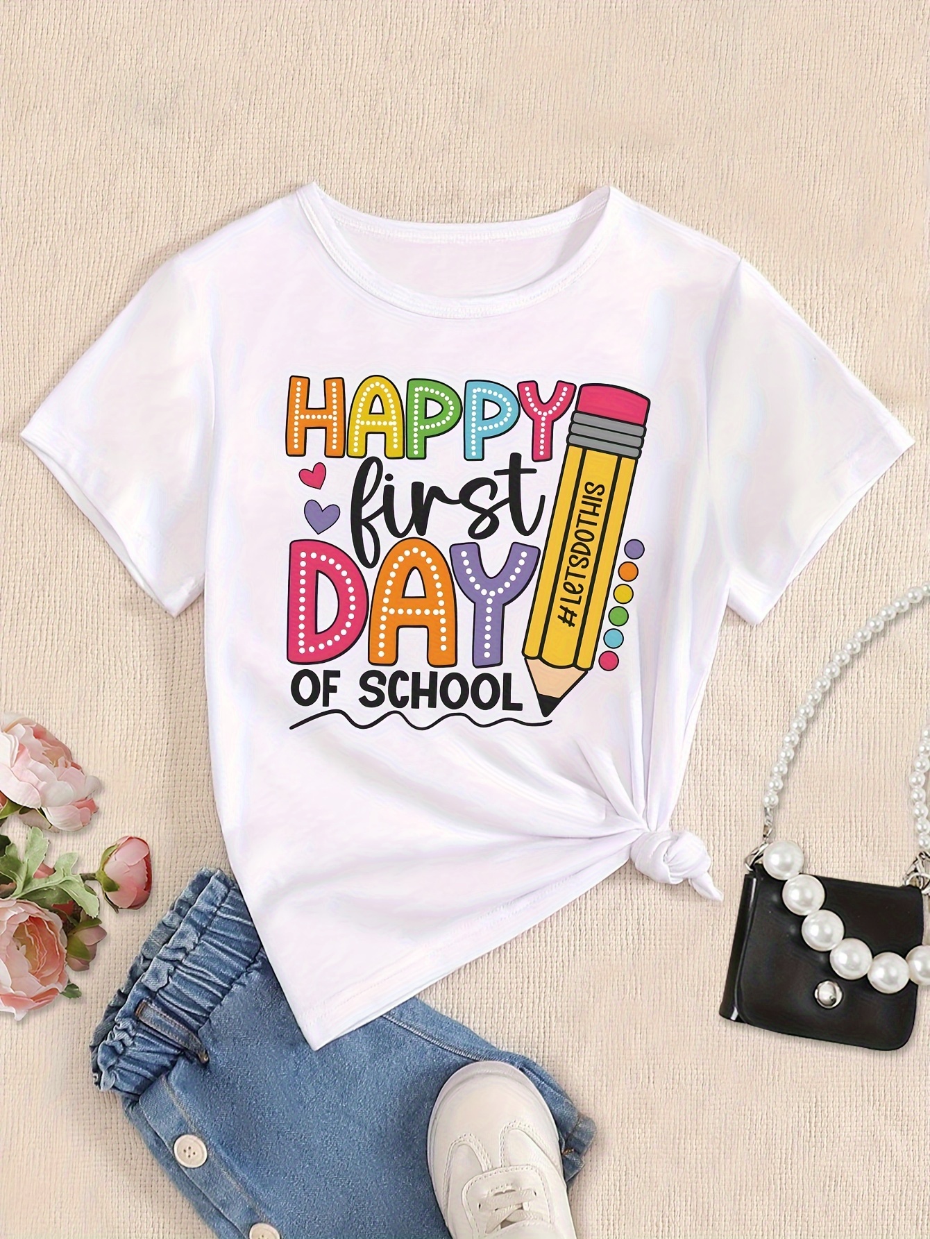 happy first day of school graphic print creative t shirts for girl soft elastic comfy crew neck short sleeve tee kids summer tops details 9