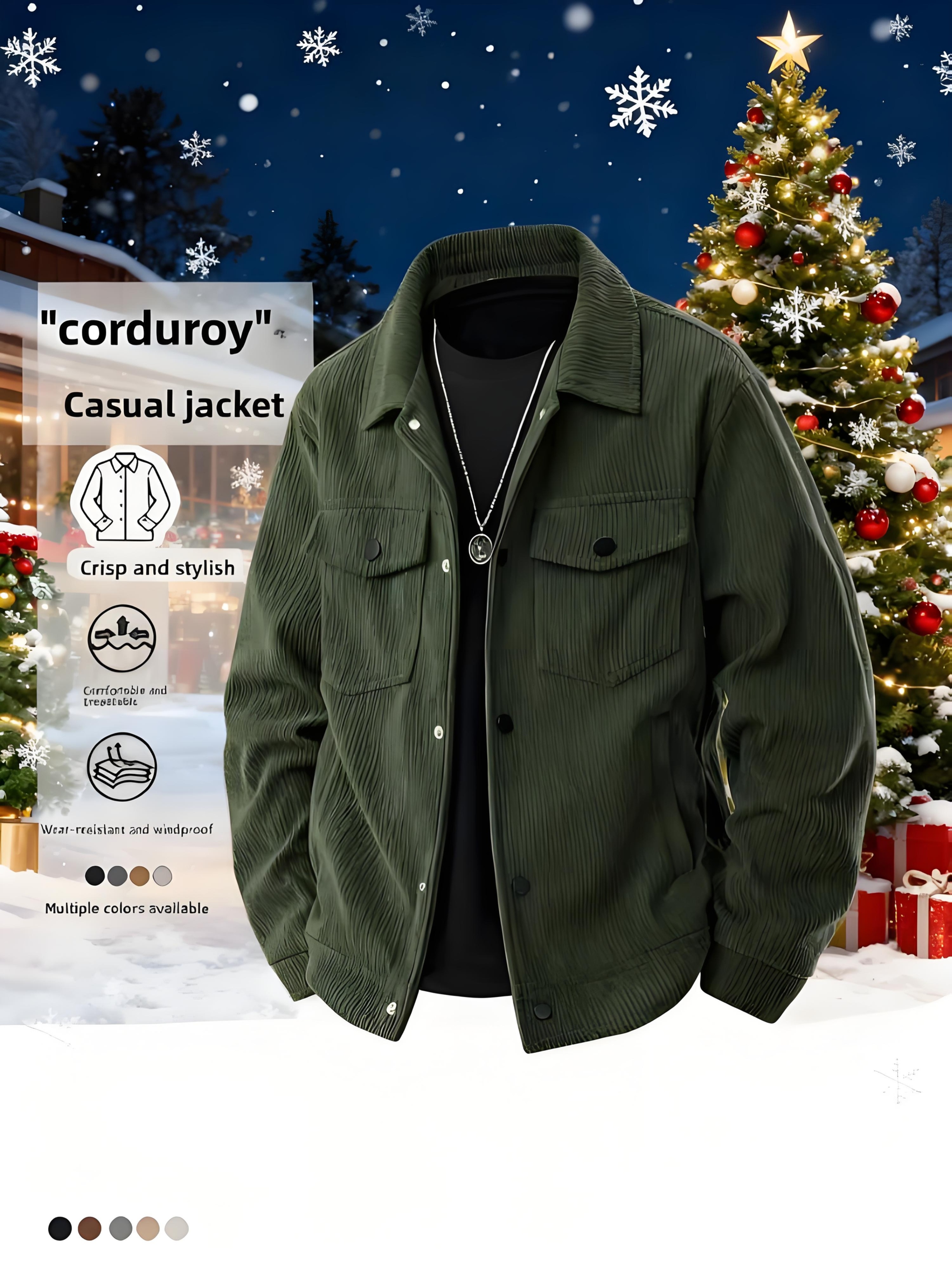 Men's Solid Color Cord Jacket with Lapel Collar - Single-Breasted Casual Blazer, Machine-Washable Spring/Fall Outerwear, Solid Color Pockets (No) for Business Casual & Smart-Casual Wear - Versatile Outer Jacket for easy Layering