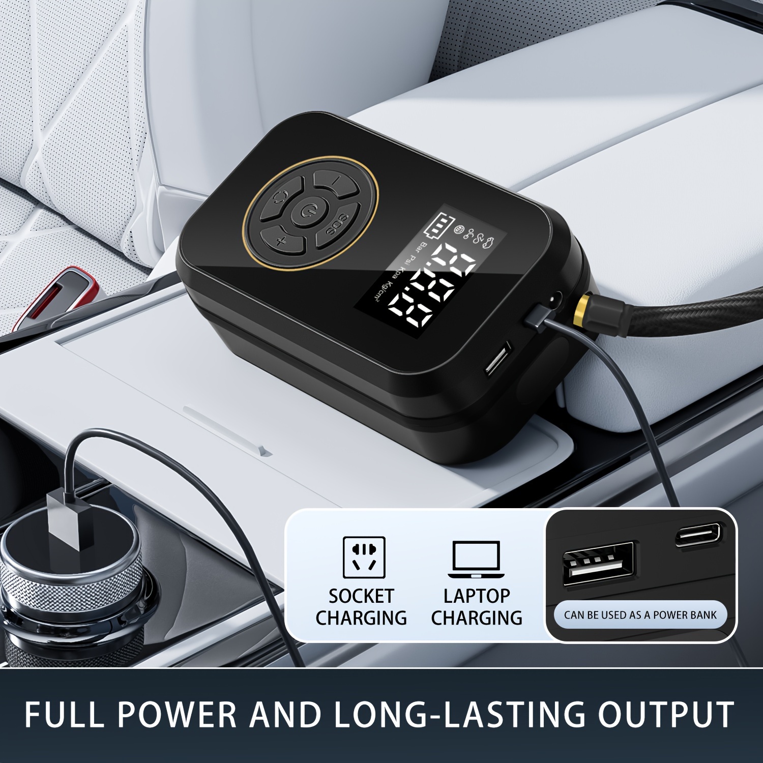 Gonfleur de pneu de moto sans fil 120 Watt avec affichage numérique, compact et doté d'une lumière LED et de buse de gonflage – Image 6