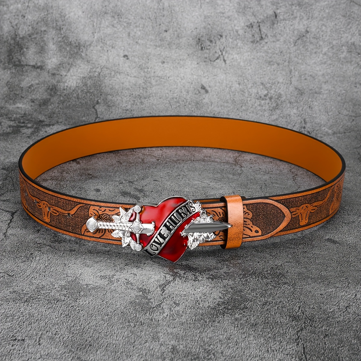 Skull Print Faux Leather Belt Caramel