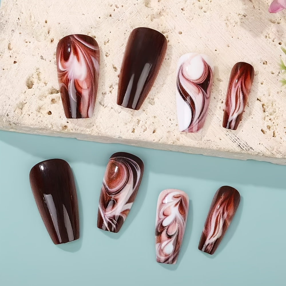 Coffee White Water Ripple Ombre Nail Art, Marble Pattern Press-on Nails, And High-end Feel Nail Stickers, 24pcs
