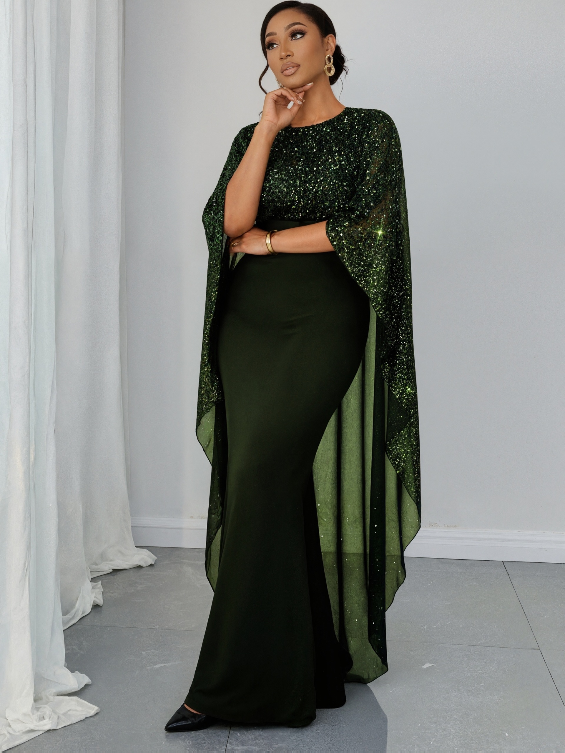 green emerald velvet dress Mac Duggal Sheer Cape Beaded Gown