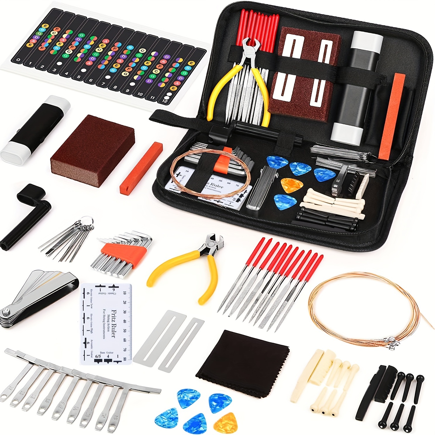 

Complete Guitar Repair And Maintenance Tool Kit With Strings, Picks, Bridge Pins, And Gauge - Perfect Gift For Musicians And Guitar Enthusiasts