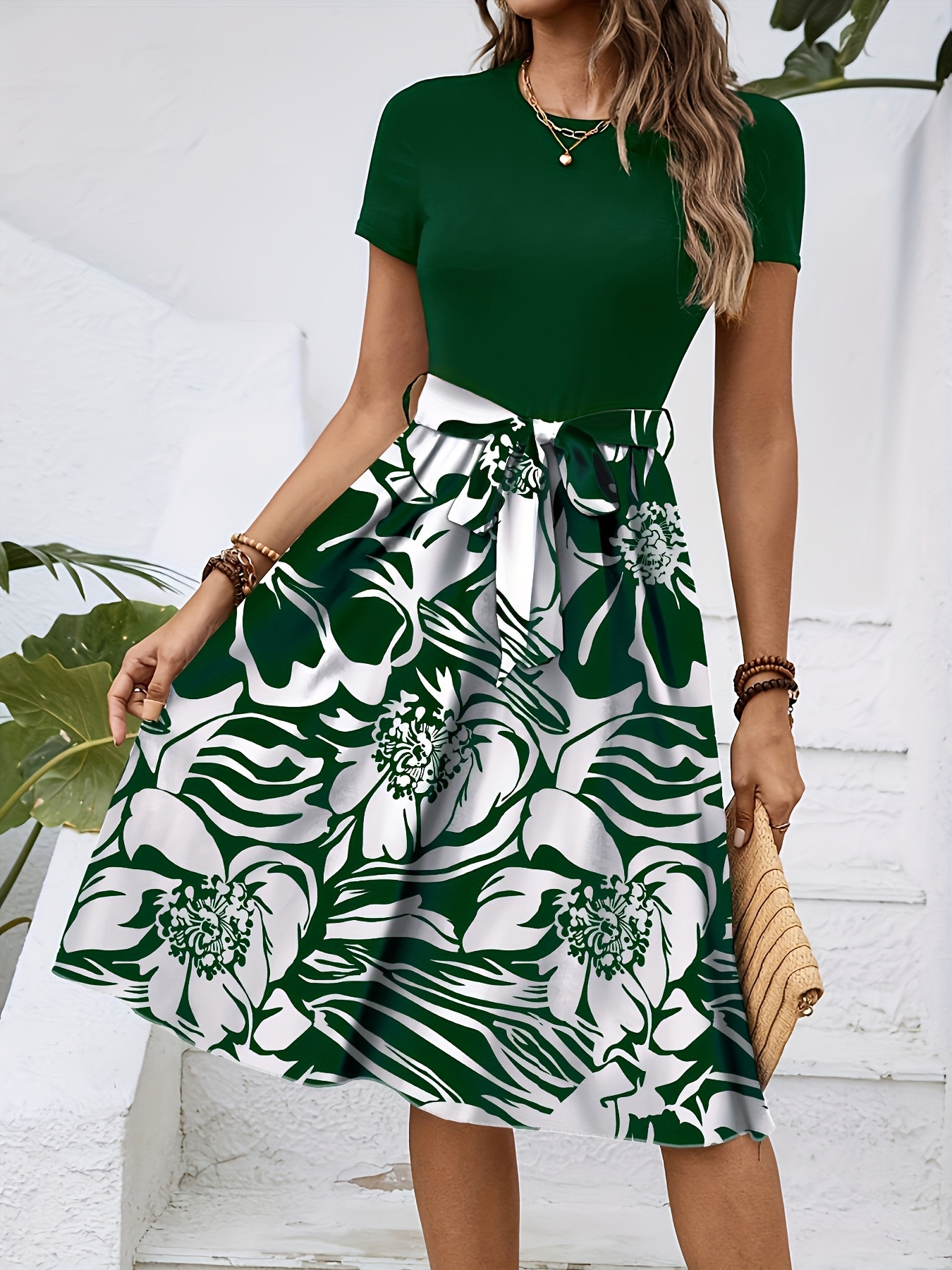 womens elegant midi peplum dress crew neck short sleeve Temu